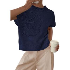 imagePRETTYGARDEN Womens 2026 Spring Sweater Vest Trendy Flower Knit Short Sleeve Cute Pullover Tank Tops Summer Fashion ClothingNavy Blue