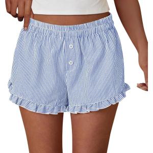 imagePRETTYGARDEN Womens Boxer Shorts Y2K Ruffle Pajama 2026 Summer Spring Lounge Sleep Striped Casual Beach Pj Bottoms PocketsStripe Blue