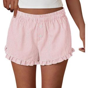imagePRETTYGARDEN Womens Boxer Shorts Y2K Ruffle Pajama 2026 Summer Spring Lounge Sleep Striped Casual Beach Pj Bottoms PocketsStripe Light Pink