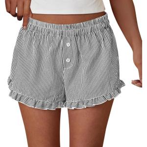 imagePRETTYGARDEN Womens Boxer Shorts Y2K Ruffle Pajama 2026 Summer Spring Lounge Sleep Striped Casual Beach Pj Bottoms PocketsStriped Black White