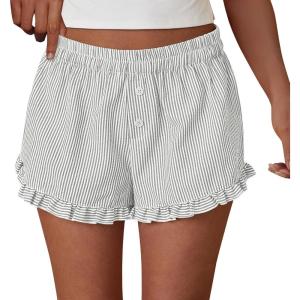 imagePRETTYGARDEN Womens Boxer Shorts Y2K Ruffle Pajama 2026 Summer Spring Lounge Sleep Striped Casual Beach Pj Bottoms PocketsStriped Grey Blue