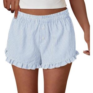 imagePRETTYGARDEN Womens Boxer Shorts Y2K Ruffle Pajama 2026 Summer Spring Lounge Sleep Striped Casual Beach Pj Bottoms PocketsStriped Light Blue
