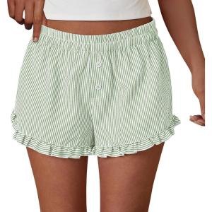 imagePRETTYGARDEN Womens Boxer Shorts Y2K Ruffle Pajama 2026 Summer Spring Lounge Sleep Striped Casual Beach Pj Bottoms PocketsStriped Light Green