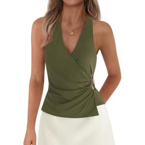 imagePRETTYGARDEN Womens Halter Top 2026 Spring Tie Wrap Sleeveless Ruched V Neck Fitted Summer Tops Backless Fashion Y2k ClothesArmy Green
