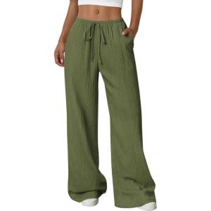 imagePRETTYGARDEN Womens Palazzo Pants Summer Fashion 2026 High Waisted Wide Leg Drawstring Flowy Beach Trousers with PocketsArmy Green