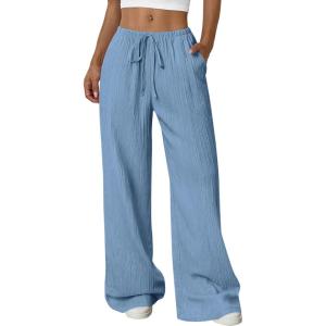 imagePRETTYGARDEN Womens Palazzo Pants Summer Fashion 2026 High Waisted Wide Leg Drawstring Flowy Beach Trousers with PocketsBlue