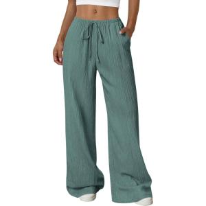 imagePRETTYGARDEN Womens Palazzo Pants Summer Fashion 2026 High Waisted Wide Leg Drawstring Flowy Beach Trousers with PocketsBlue Green