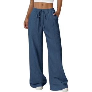 imagePRETTYGARDEN Womens Palazzo Pants Summer Fashion 2026 High Waisted Wide Leg Drawstring Flowy Beach Trousers with PocketsDark Blue