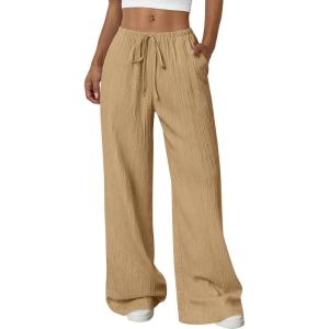 imagePRETTYGARDEN Womens Palazzo Pants Summer Fashion 2026 High Waisted Wide Leg Drawstring Flowy Beach Trousers with PocketsKhaki