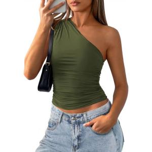 imagePRETTYGARDEN Womens Sleeveless One Shoulder Tank Top Ruched Slim Fit Shirts Basic Crop Y2k Tops 2026 Spring Fashion ClothingArmy Green