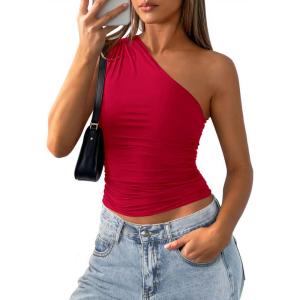 imagePRETTYGARDEN Womens Sleeveless One Shoulder Tank Top Ruched Slim Fit Shirts Basic Crop Y2k Tops 2026 Spring Fashion ClothingRed