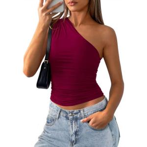 imagePRETTYGARDEN Womens Sleeveless One Shoulder Tank Top Ruched Slim Fit Shirts Basic Crop Y2k Tops 2026 Spring Fashion ClothingWine Red