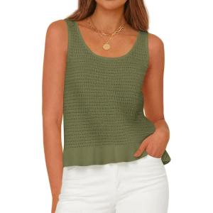 imagePRETTYGARDEN Womens Spring Crochet Tops 2026 Summer Sleeveless Scoop Neck Boho Sweater Tank Top Cute Beach Vacation ClothesArmy Green