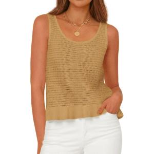 imagePRETTYGARDEN Womens Spring Crochet Tops 2026 Summer Sleeveless Scoop Neck Boho Sweater Tank Top Cute Beach Vacation ClothesKhaki