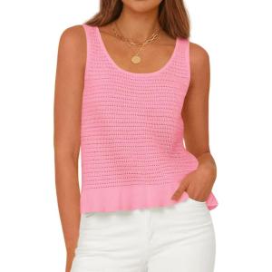 imagePRETTYGARDEN Womens Spring Crochet Tops 2026 Summer Sleeveless Scoop Neck Boho Sweater Tank Top Cute Beach Vacation ClothesPink
