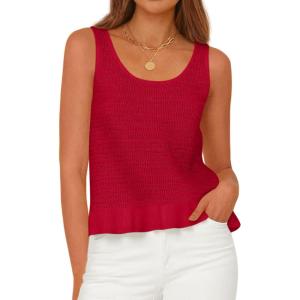 imagePRETTYGARDEN Womens Spring Crochet Tops 2026 Summer Sleeveless Scoop Neck Boho Sweater Tank Top Cute Beach Vacation ClothesRed