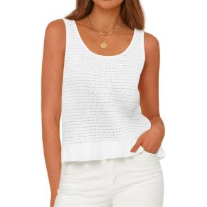 imagePRETTYGARDEN Womens Spring Crochet Tops 2026 Summer Sleeveless Scoop Neck Boho Sweater Tank Top Cute Beach Vacation ClothesWhite