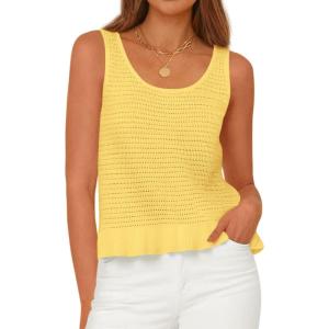 imagePRETTYGARDEN Womens Spring Crochet Tops 2026 Summer Sleeveless Scoop Neck Boho Sweater Tank Top Cute Beach Vacation ClothesYellow