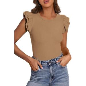 imagePRETTYGARDEN Womens Summer Crew Neck T Shirts 2026 Trendy Ruffle Sleeve Slim Fit Knit Going Out Tops Casual Spring ClothesKhaki