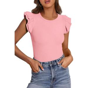 imagePRETTYGARDEN Womens Summer Crew Neck T Shirts 2026 Trendy Ruffle Sleeve Slim Fit Knit Going Out Tops Casual Spring ClothesPink