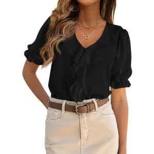 imagePRETTYGARDEN Womens Summer Dressy Casual Blouses 2026 Short Sleeve V Neck Ruffle Going Out Tops Shirt Trendy Spring OutfitsBlack