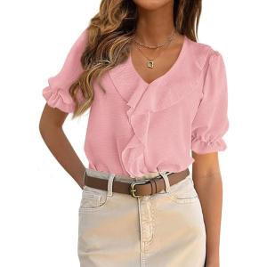 imagePRETTYGARDEN Womens Summer Dressy Casual Blouses 2026 Short Sleeve V Neck Ruffle Going Out Tops Shirt Trendy Spring OutfitsPink