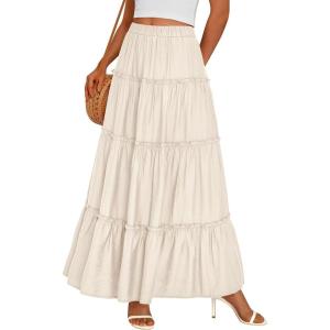 imagePRETTYGARDEN Womens Tiered Maxi Skirt Summer Spring Fashion 2026 High Waisted Long Flowy Casual Boho Beach Vacation ClothesBeige