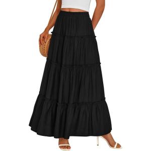 imagePRETTYGARDEN Womens Tiered Maxi Skirt Summer Spring Fashion 2026 High Waisted Long Flowy Casual Boho Beach Vacation ClothesBlack
