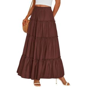 imagePRETTYGARDEN Womens Tiered Maxi Skirt Summer Spring Fashion 2026 High Waisted Long Flowy Casual Boho Beach Vacation ClothesBrown