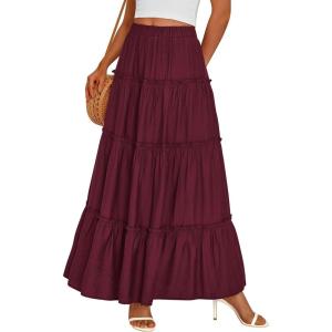 imagePRETTYGARDEN Womens Tiered Maxi Skirt Summer Spring Fashion 2026 High Waisted Long Flowy Casual Boho Beach Vacation ClothesBurgundy