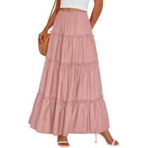 imagePRETTYGARDEN Womens Tiered Maxi Skirt Summer Spring Fashion 2026 High Waisted Long Flowy Casual Boho Beach Vacation ClothesPink