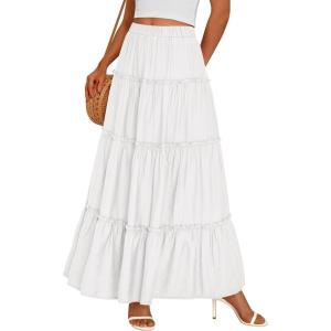 imagePRETTYGARDEN Womens Tiered Maxi Skirt Summer Spring Fashion 2026 High Waisted Long Flowy Casual Boho Beach Vacation ClothesWhite