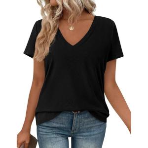 imagePRETTYGARDEN Womens V Neck T Shirts Summer 2026 Short Sleeve Spring Going Out Tops Casual Loose Fit Basic Tees Beach ClothesBlack