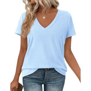 imagePRETTYGARDEN Womens V Neck T Shirts Summer 2026 Short Sleeve Spring Going Out Tops Casual Loose Fit Basic Tees Beach ClothesLight Blue