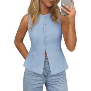 imagePRETTYGARDEN Womens Vests Top Trendy 2026 Spring Sleeveless Blazer Suit Summer Business Casual Work Button Down WaistcoatLight Blue