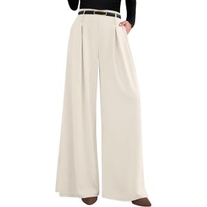 imagePRETTYGARDEN Womens Fall Wide Leg Trousers 2025 High Elastic Waist Loose Pleated Long Flowy Palazzo Work Pants with PocketsBeige