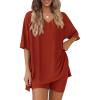 imagePRETTYGARDEN 2 Piece Sets for Women Summer 2026 Lounge Short Set Spring Matching Biker Shorts V Neck Oversized Shirt ClothingBrick Red