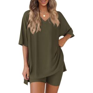 imagePRETTYGARDEN 2 Piece Sets for Women Summer 2026 Lounge Short Set Spring Matching Biker Shorts V Neck Oversized Shirt ClothingArmy Green