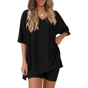 imagePRETTYGARDEN 2 Piece Sets for Women Summer 2026 Lounge Short Set Spring Matching Biker Shorts V Neck Oversized Shirt ClothingBlack