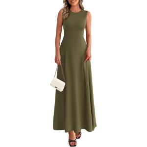 imagePRETTYGARDEN Womens Summer Tank Maxi Dress 2026 Spring Sleeveless Swing A Line Long Flowy Elegant Cocktail Dresses PocketsArmy Green
