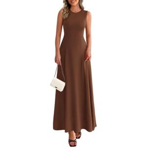 imagePRETTYGARDEN Womens Summer Tank Maxi Dress 2026 Spring Sleeveless Swing A Line Long Flowy Elegant Cocktail Dresses PocketsBrown