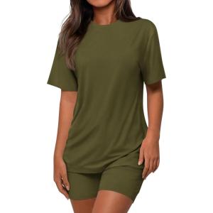 imagePRETTYGARDEN Womens Two Piece Matching Lounge Sets Summer Casual Tops Short Sleeve Shirts Shorts 2026 Travel Airport OutfitsArmy Green