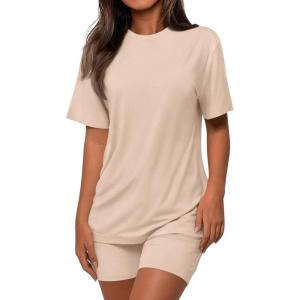 imagePRETTYGARDEN Womens Two Piece Matching Lounge Sets Summer Casual Tops Short Sleeve Shirts Shorts 2026 Travel Airport OutfitsBeige