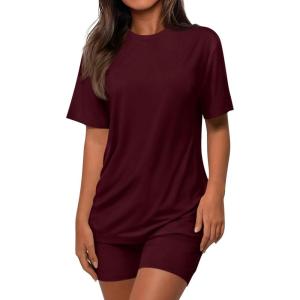 imagePRETTYGARDEN Womens Two Piece Matching Lounge Sets Summer Casual Tops Short Sleeve Shirts Shorts 2026 Travel Airport OutfitsBurgundy