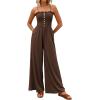imagePRETTYGARDEN Jumpsuits for Women 2026 Summer Sleeveless Smocked Button Wide Leg Rompers Spring Travel One Piece OutfitsBrown