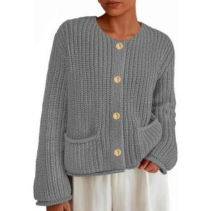 imagePRETTYGARDEN Cardigan Sweaters for Women 2025 Trendy Oversized Knit Chunky Button Cardigans Fall Winter Outfits with PocketsGrey