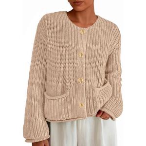 imagePRETTYGARDEN Cardigan Sweaters for Women 2025 Trendy Oversized Knit Chunky Button Cardigans Fall Winter Outfits with PocketsKhaki