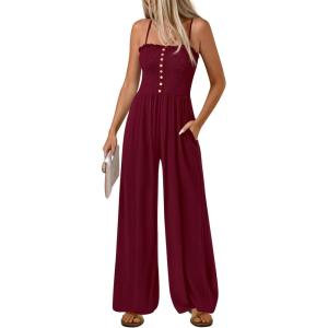 imagePRETTYGARDEN Jumpsuits for Women 2026 Summer Sleeveless Smocked Button Wide Leg Rompers Spring Travel One Piece OutfitsBurgundy
