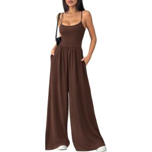 imagePRETTYGARDEN Summer Jumpsuits for Women Casual 2026 Wide Leg Date Night Rompers Sleeveless Beach Vacation One Piece OutfitsBrown