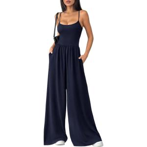 imagePRETTYGARDEN Summer Jumpsuits for Women Casual 2026 Wide Leg Date Night Rompers Sleeveless Beach Vacation One Piece OutfitsNavy Blue
